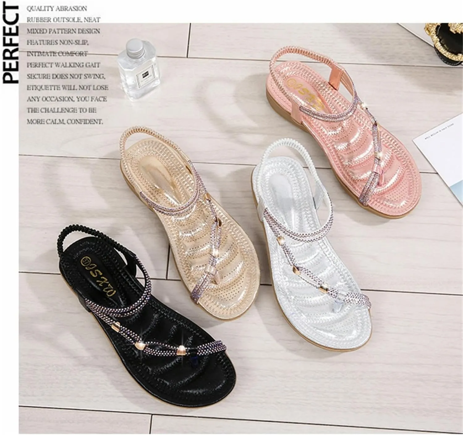 Women's Flat Sandals Summer Beach Sandal T-Strap Rhinestone Beaded Bohemia Shoes
