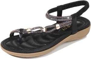 Women's Flat Sandals Summer Beach Sandal T-Strap Rhinestone Beaded Bohemia Shoes