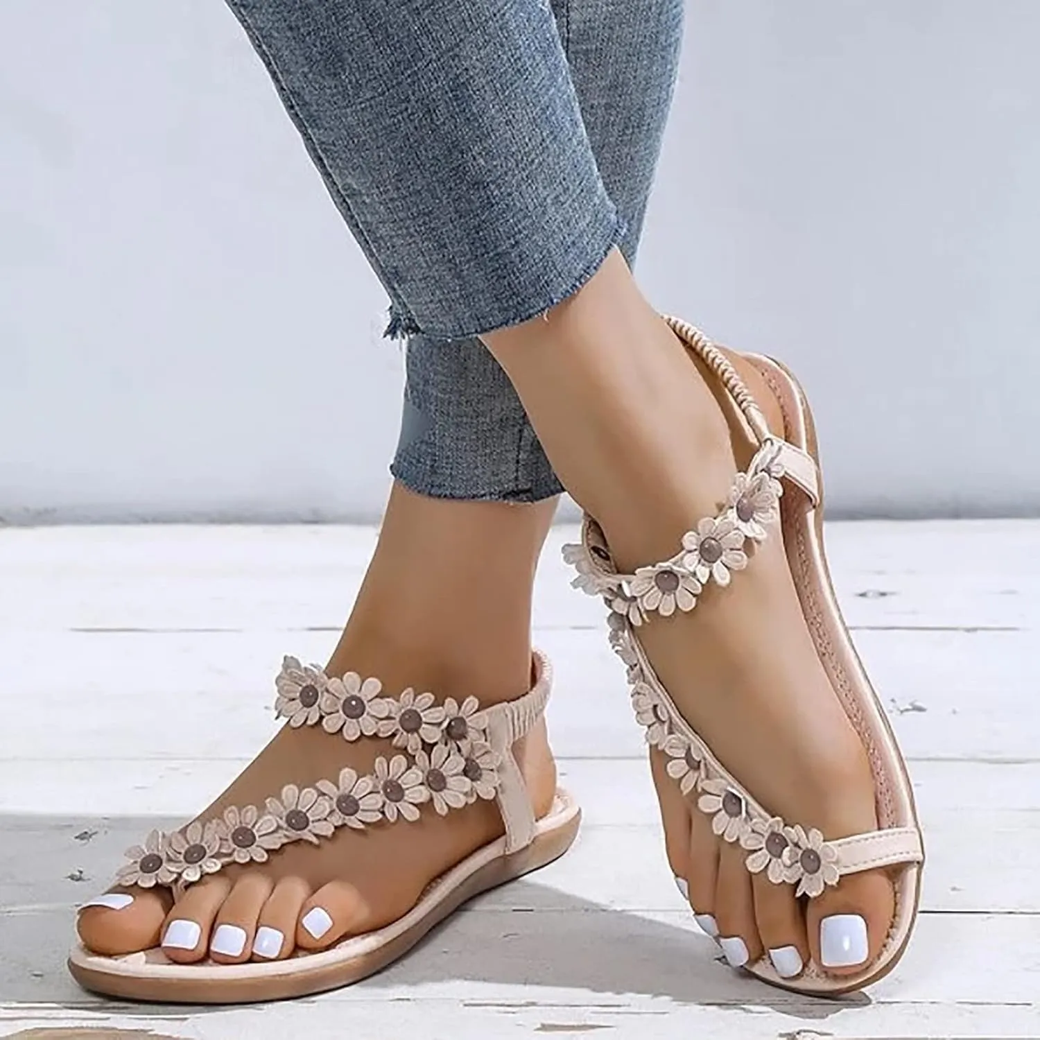 Women's Flower Flat Sandals Ankle Elastic Beaded Clip Toe Cute Flower Low Wedge Beach Shoes Dress Walking Footwear
