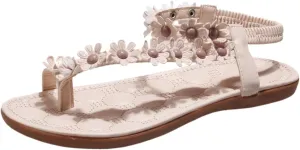 Women's Flower Flat Sandals Ankle Elastic Beaded Clip Toe Cute Flower Low Wedge Beach Shoes Dress Walking Footwear