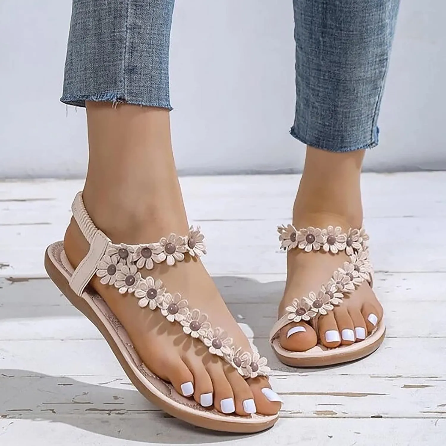Women's Flower Flat Sandals Ankle Elastic Beaded Clip Toe Cute Flower Low Wedge Beach Shoes Dress Walking Footwear