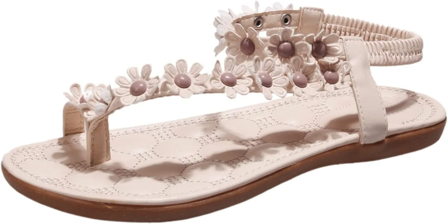 Women's Flower Flat Sandals Ankle Elastic Beaded Clip Toe Cute Flower Low Wedge Beach Shoes Dress Walking Footwear
