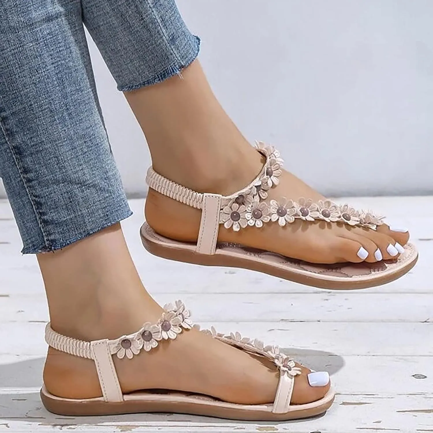 Women's Flower Flat Sandals Ankle Elastic Beaded Clip Toe Cute Flower Low Wedge Beach Shoes Dress Walking Footwear