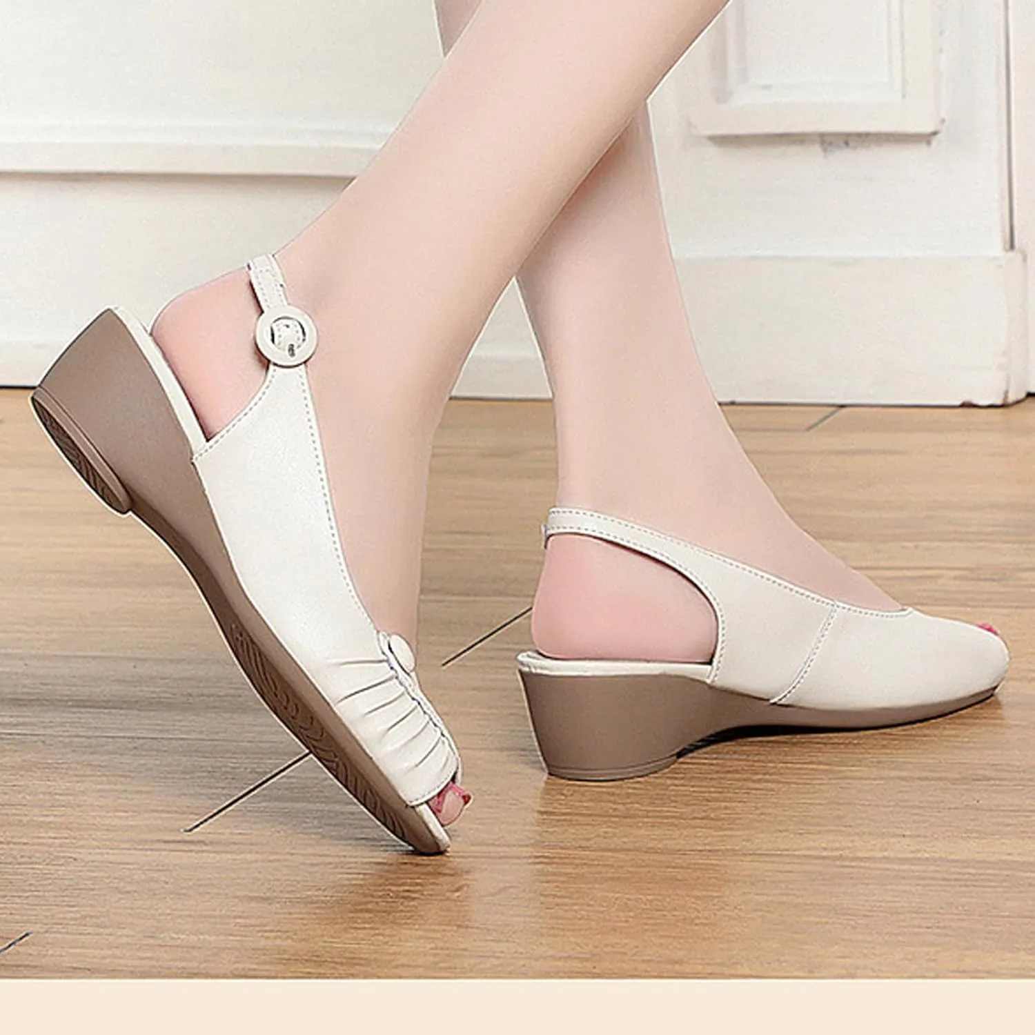Womens Genuine Leather Open Toe Wedge Sandals Summer Breathable Business Office Dress Pumps Daily Non-Slip Mam Nurse Casual Shoes
