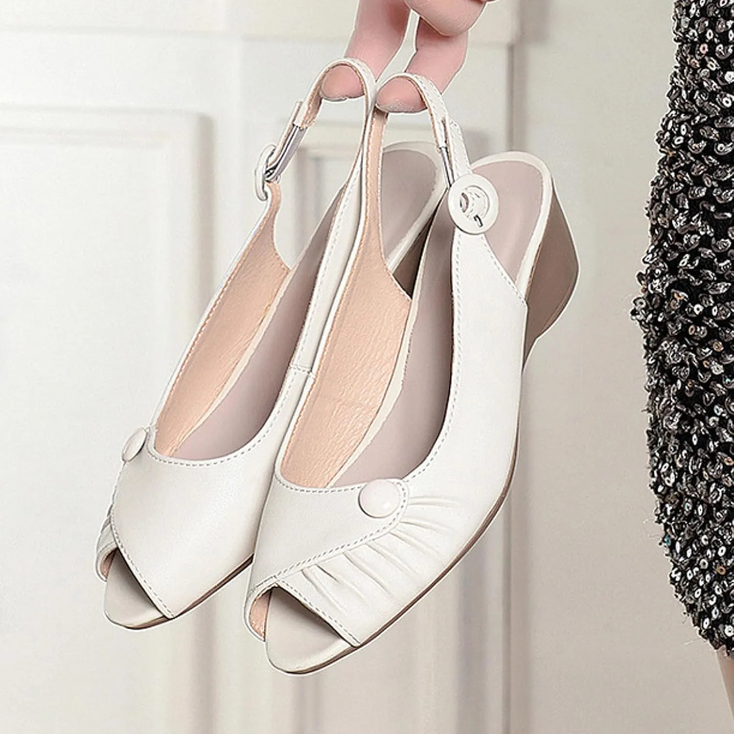 Womens Genuine Leather Open Toe Wedge Sandals Summer Breathable Business Office Dress Pumps Daily Non-Slip Mam Nurse Casual Shoes