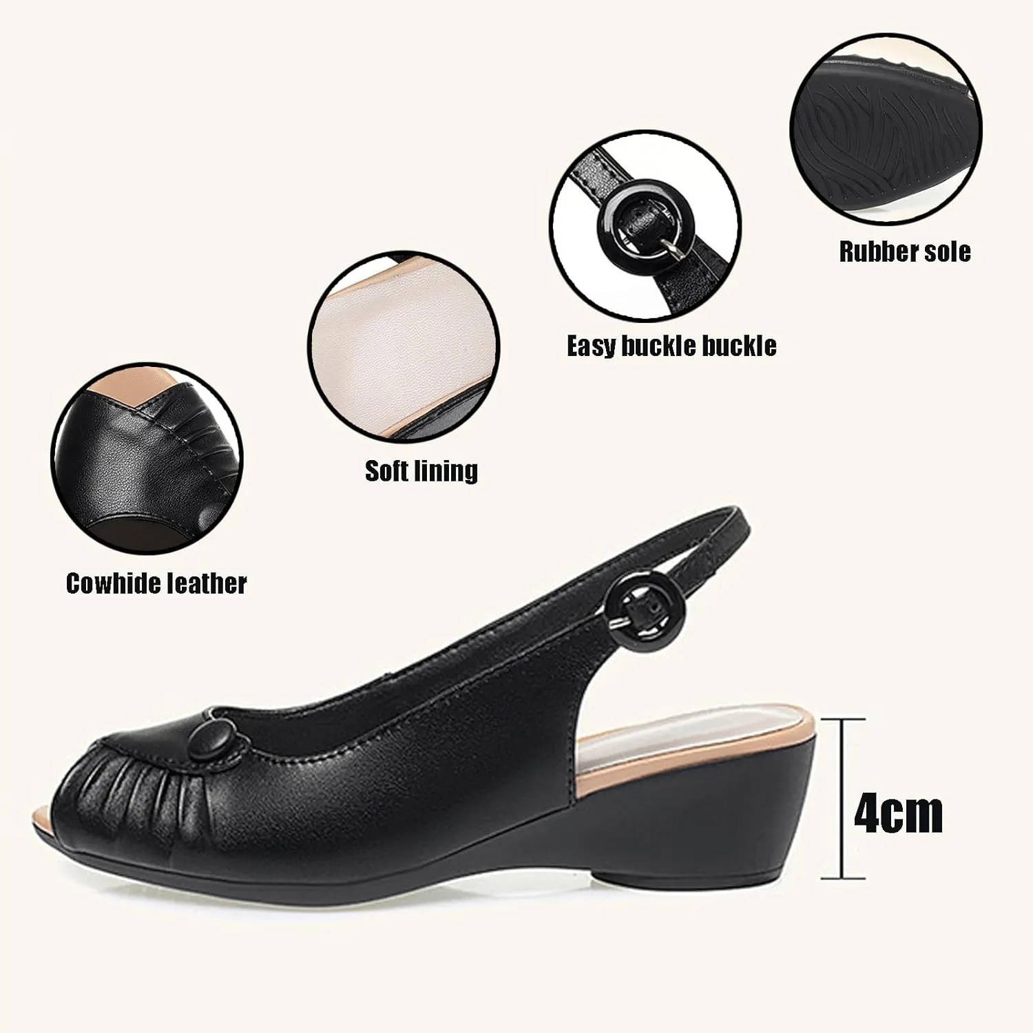 Womens Genuine Leather Open Toe Wedge Sandals Summer Breathable Business Office Dress Pumps Daily Non-Slip Mam Nurse Casual Shoes