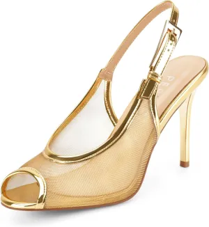 Women's Gold Stiletto Heels Open Peep Toe Heeled Sandals Mesh Slingback Heels Breathable Dress Stilettos Shoes for Ladies Sexy Fashion