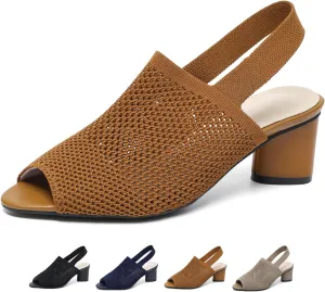 Women's Knit Peep Toe Chunky Block Heeled Sandals with Ankle Strap Fashion Hollow Pointed Toe Elastic Slingback Slip On High Heels Summer Casual Work Office Wedding Dressy Pumps