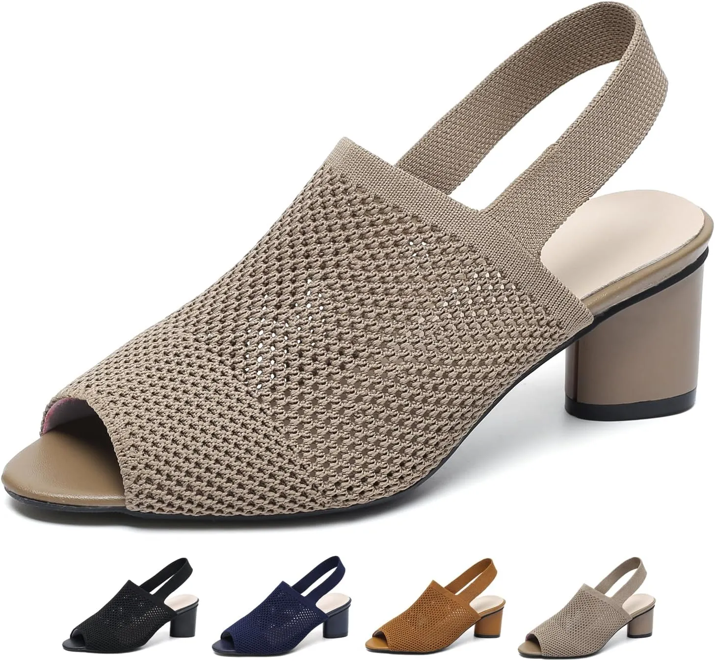 Women's Knit Peep Toe Chunky Block Heeled Sandals with Ankle Strap Fashion Hollow Pointed Toe Elastic Slingback Slip On High Heels Summer Casual Work Office Wedding Dressy Pumps