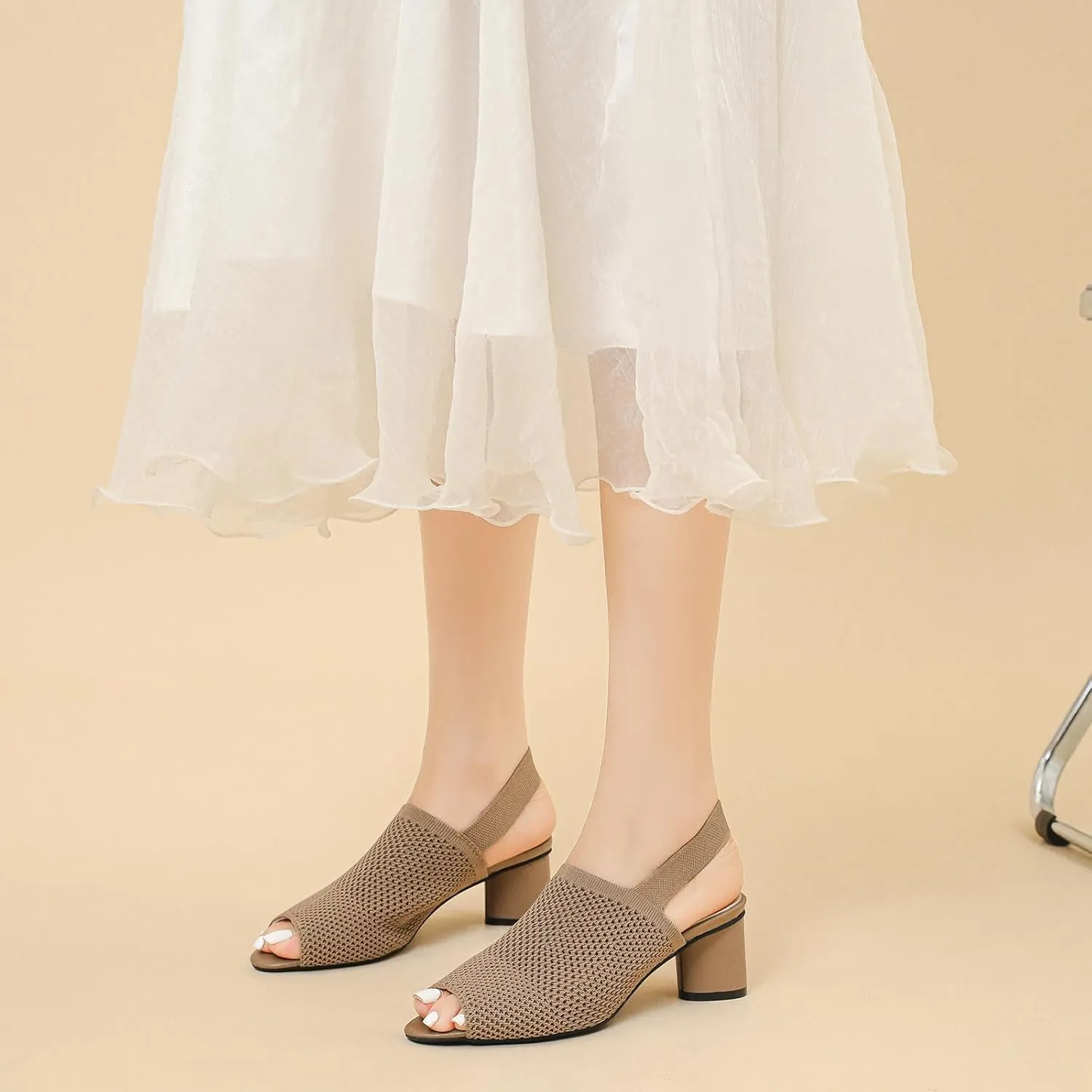 Women's Knit Peep Toe Chunky Block Heeled Sandals with Ankle Strap Fashion Hollow Pointed Toe Elastic Slingback Slip On High Heels Summer Casual Work Office Wedding Dressy Pumps