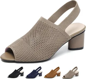 Women's Knit Peep Toe Chunky Block Heeled Sandals with Ankle Strap Fashion Hollow Pointed Toe Elastic Slingback Slip On High Heels Summer Casual Work Office Wedding Dressy Pumps
