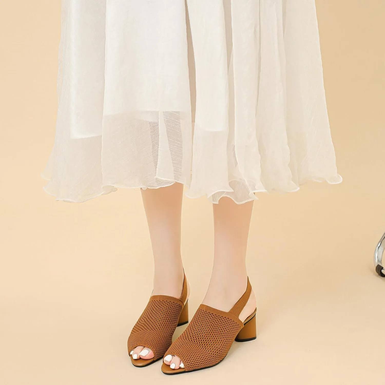 Women's Knit Peep Toe Chunky Block Heeled Sandals with Ankle Strap Fashion Hollow Pointed Toe Elastic Slingback Slip On High Heels Summer Casual Work Office Wedding Dressy Pumps