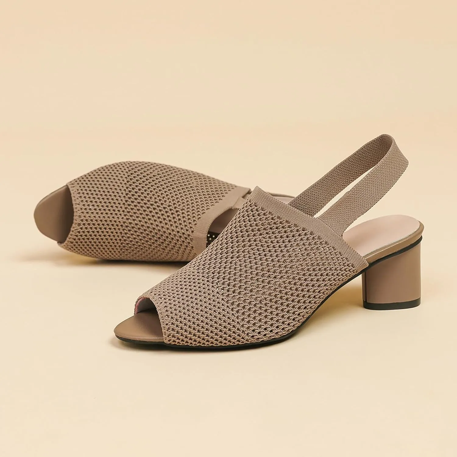 Women's Knit Peep Toe Chunky Block Heeled Sandals with Ankle Strap Fashion Hollow Pointed Toe Elastic Slingback Slip On High Heels Summer Casual Work Office Wedding Dressy Pumps