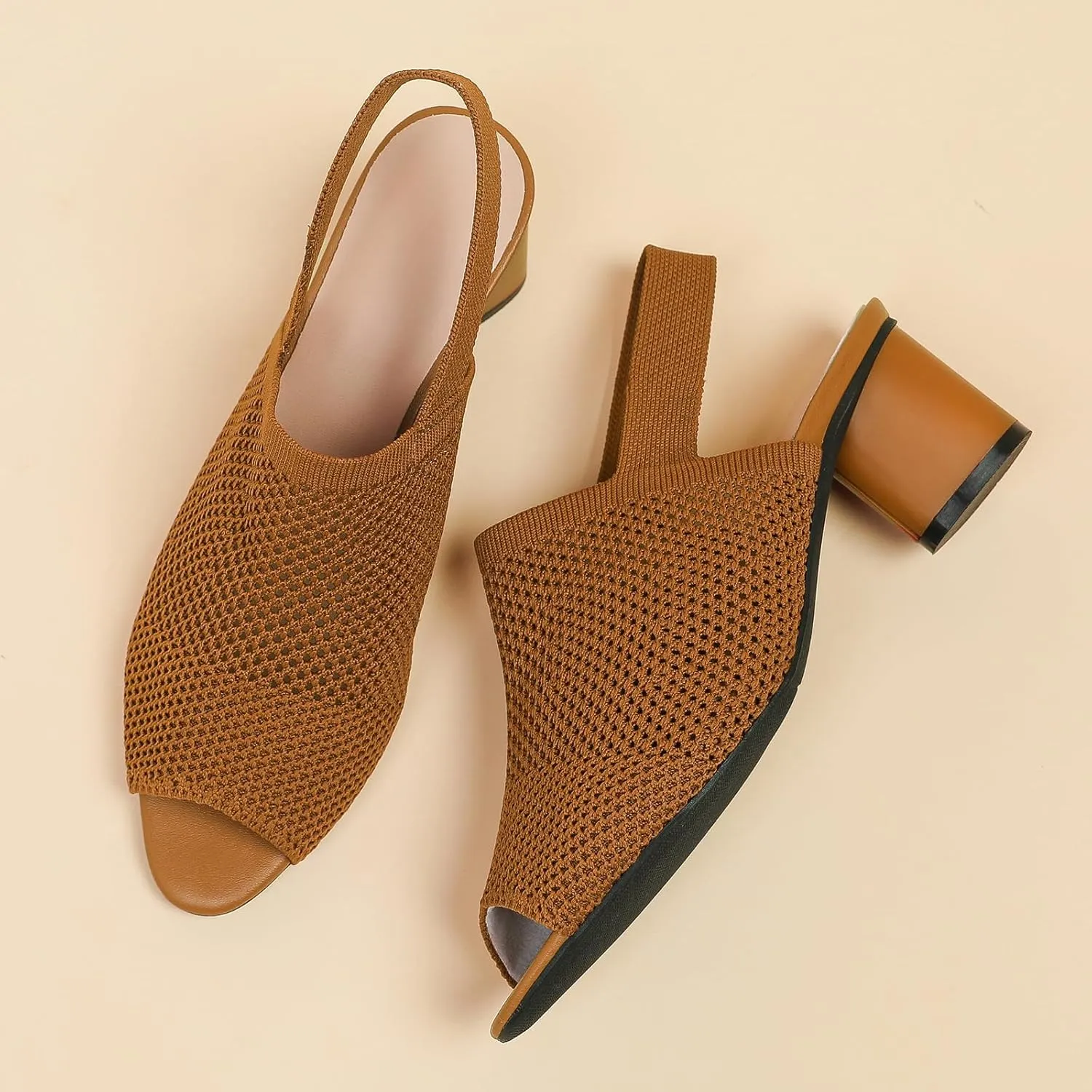 Women's Knit Peep Toe Chunky Block Heeled Sandals with Ankle Strap Fashion Hollow Pointed Toe Elastic Slingback Slip On High Heels Summer Casual Work Office Wedding Dressy Pumps