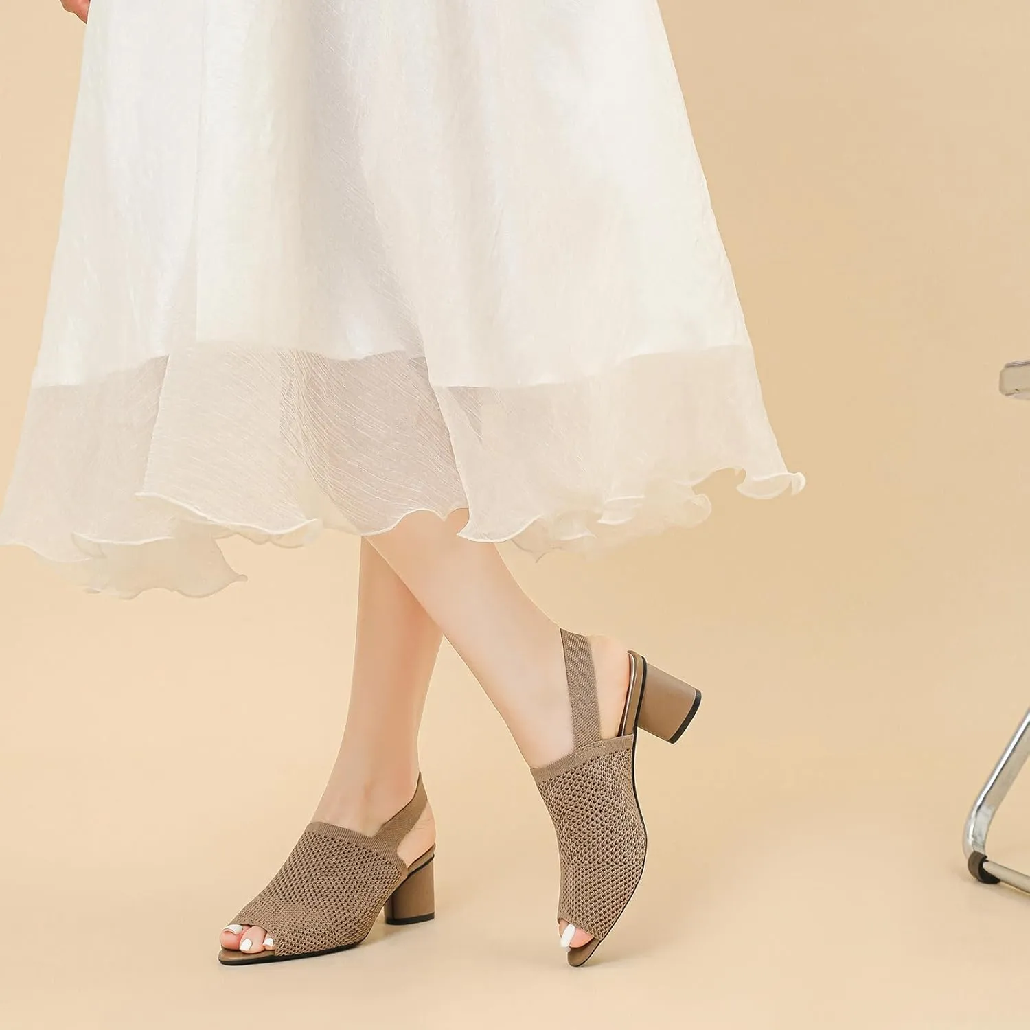 Women's Knit Peep Toe Chunky Block Heeled Sandals with Ankle Strap Fashion Hollow Pointed Toe Elastic Slingback Slip On High Heels Summer Casual Work Office Wedding Dressy Pumps
