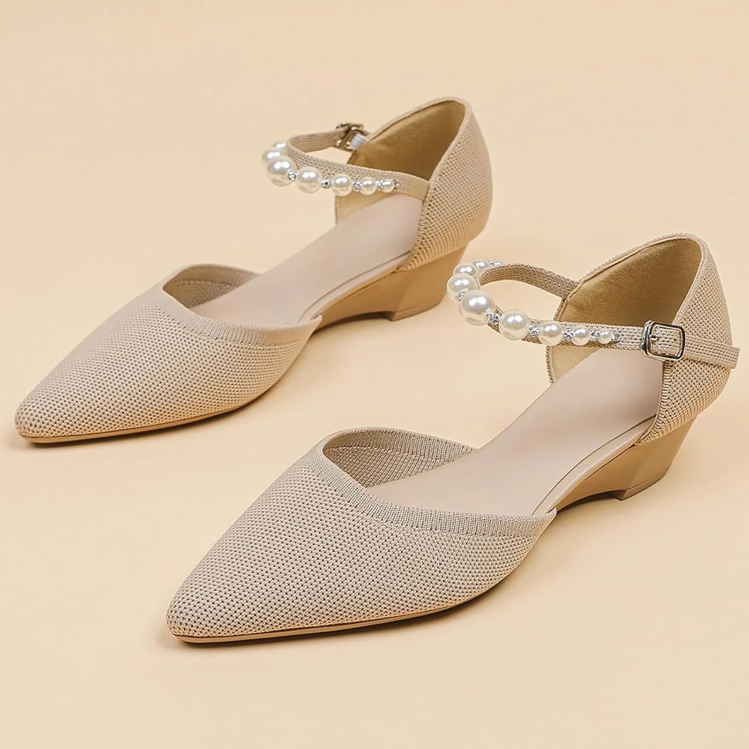 Women's Knitted Pointed Toe Wedge Pumps Fashion Adjustable Pearl Ankle Strap Buckle Closed Toe Low Chunky Heel Sandals Comfortable Breathable Daily Dating Work Dress Heel Shoes