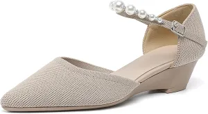 Women's Knitted Pointed Toe Wedge Pumps Fashion Adjustable Pearl Ankle Strap Buckle Closed Toe Low Chunky Heel Sandals Comfortable Breathable Daily Dating Work Dress Heel Shoes
