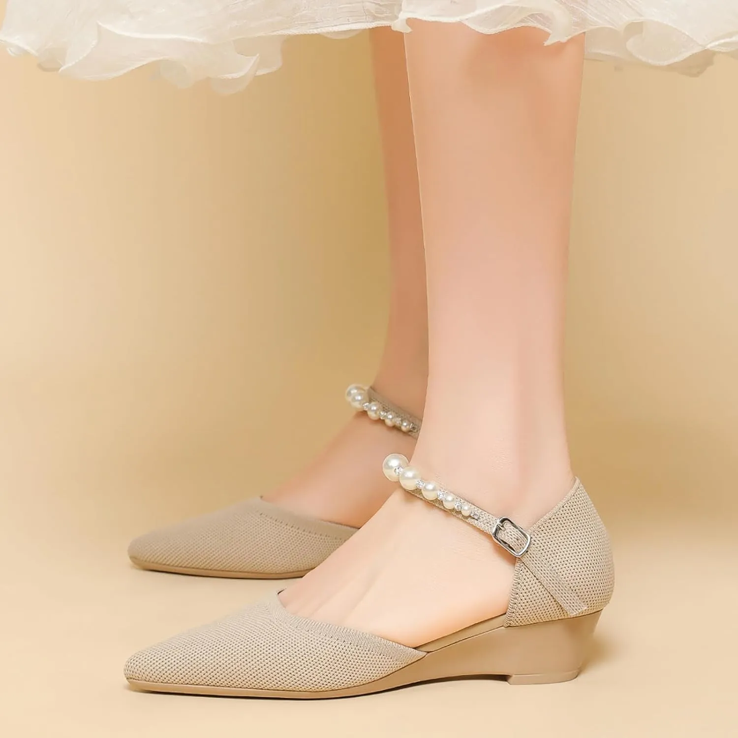 Women's Knitted Pointed Toe Wedge Pumps Fashion Adjustable Pearl Ankle Strap Buckle Closed Toe Low Chunky Heel Sandals Comfortable Breathable Daily Dating Work Dress Heel Shoes
