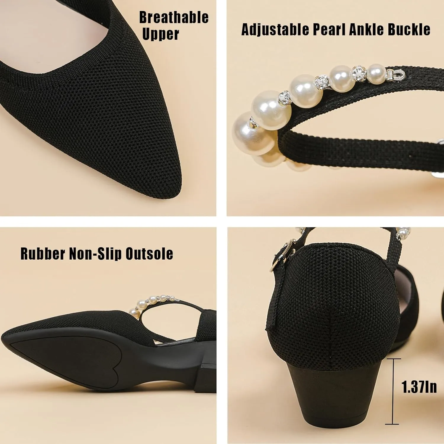 Women's Knitted Pointed Toe Wedge Pumps Fashion Adjustable Pearl Ankle Strap Buckle Closed Toe Low Chunky Heel Sandals Comfortable Breathable Daily Dating Work Dress Heel Shoes