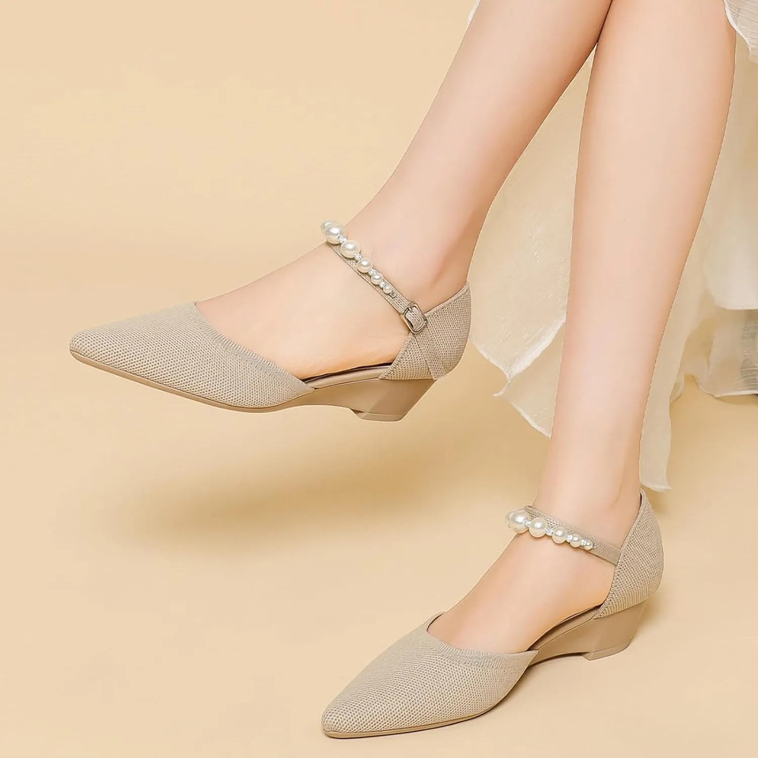 Women's Knitted Pointed Toe Wedge Pumps Fashion Adjustable Pearl Ankle Strap Buckle Closed Toe Low Chunky Heel Sandals Comfortable Breathable Daily Dating Work Dress Heel Shoes