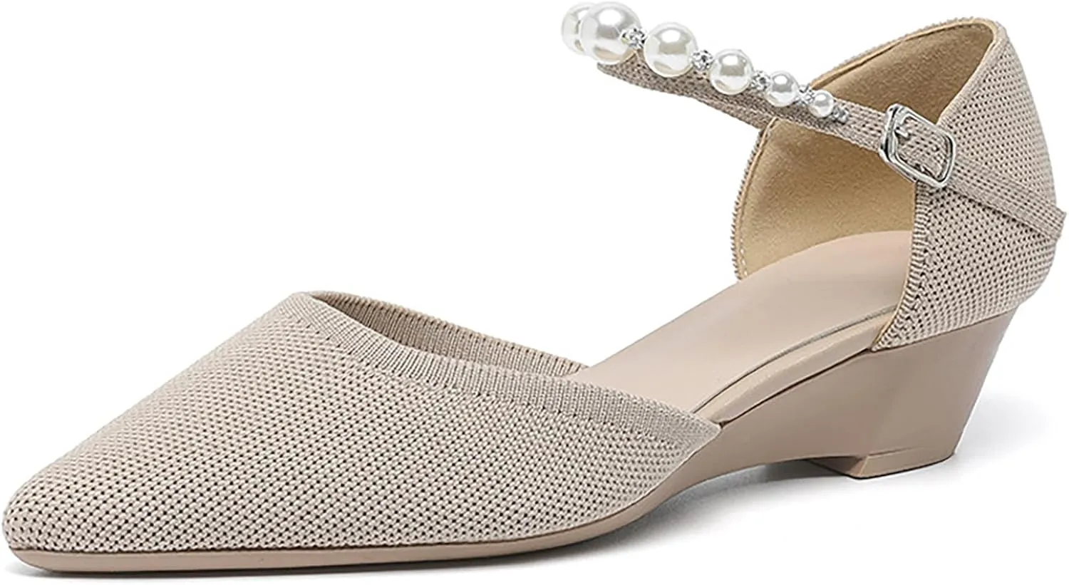 Women's Knitted Pointed Toe Wedge Pumps Fashion Adjustable Pearl Ankle Strap Buckle Closed Toe Low Chunky Heel Sandals Comfortable Breathable Daily Dating Work Dress Heel Shoes