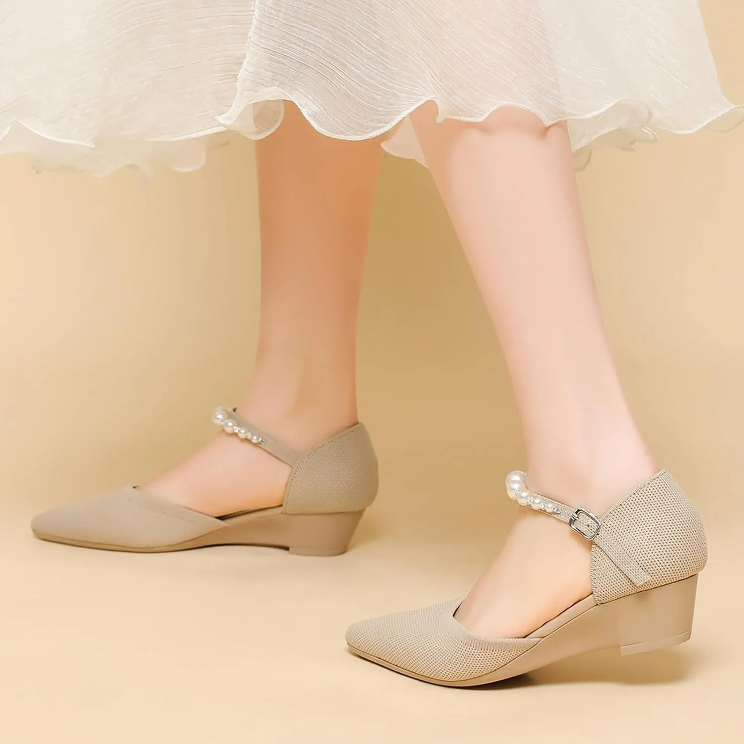 Women's Knitted Pointed Toe Wedge Pumps Fashion Adjustable Pearl Ankle Strap Buckle Closed Toe Low Chunky Heel Sandals Comfortable Breathable Daily Dating Work Dress Heel Shoes