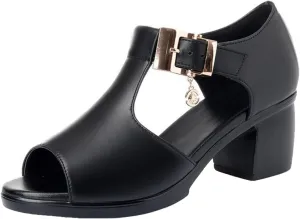 Women's Leather Chunky High Fish Mouth Sandals Fashion Adjustable Metal Buckle Side Hollow Sandals Comfortable Work Office Dress Shoes