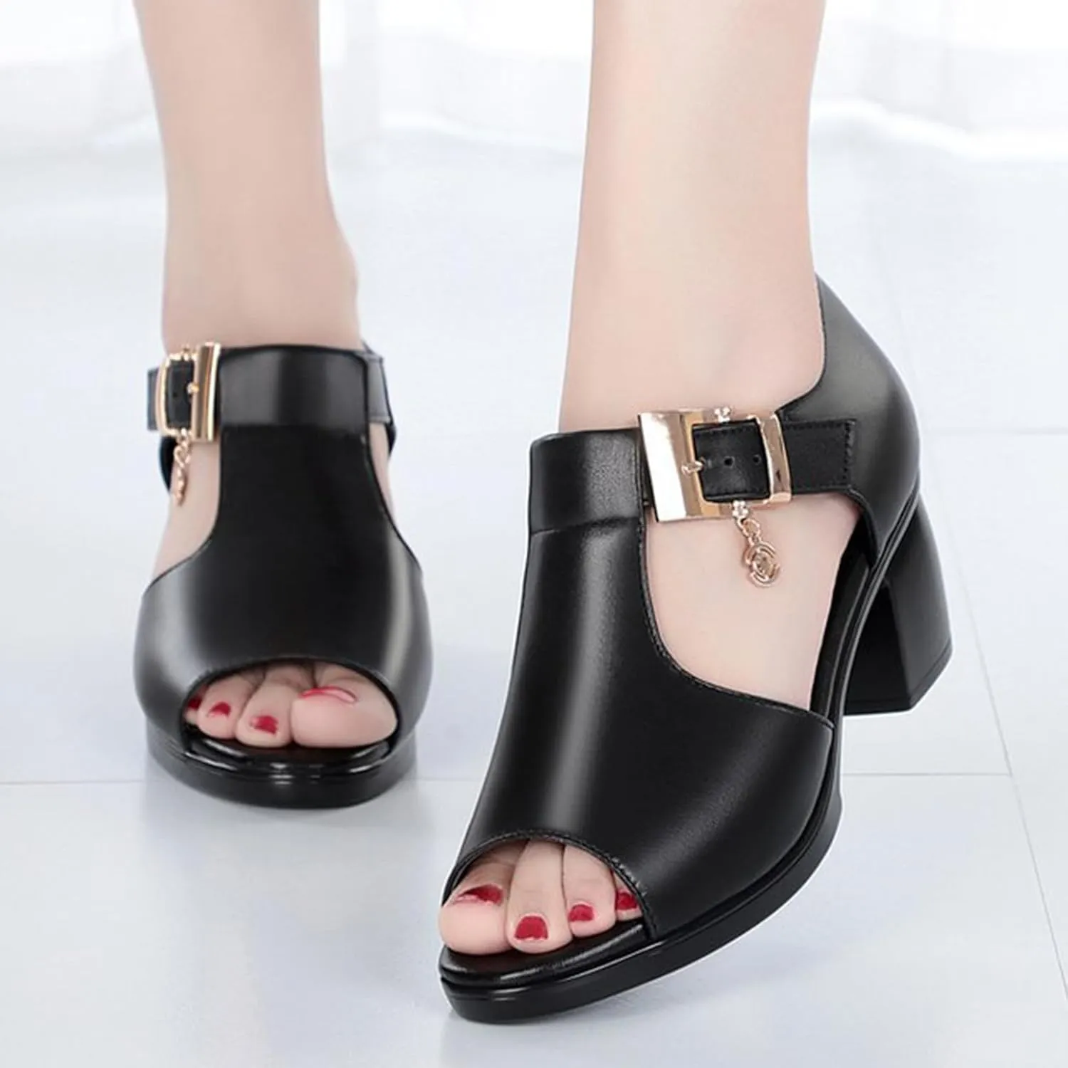 Women's Leather Chunky High Fish Mouth Sandals Fashion Adjustable Metal Buckle Side Hollow Sandals Comfortable Work Office Dress Shoes