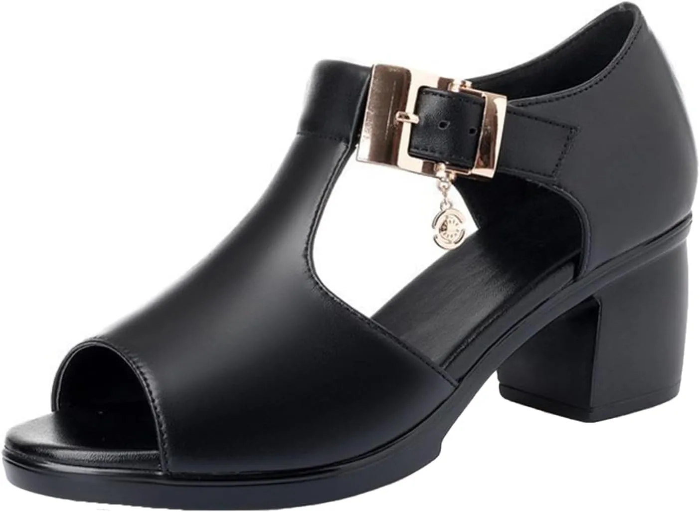 Women's Leather Chunky High Fish Mouth Sandals Fashion Adjustable Metal Buckle Side Hollow Sandals Comfortable Work Office Dress Shoes
