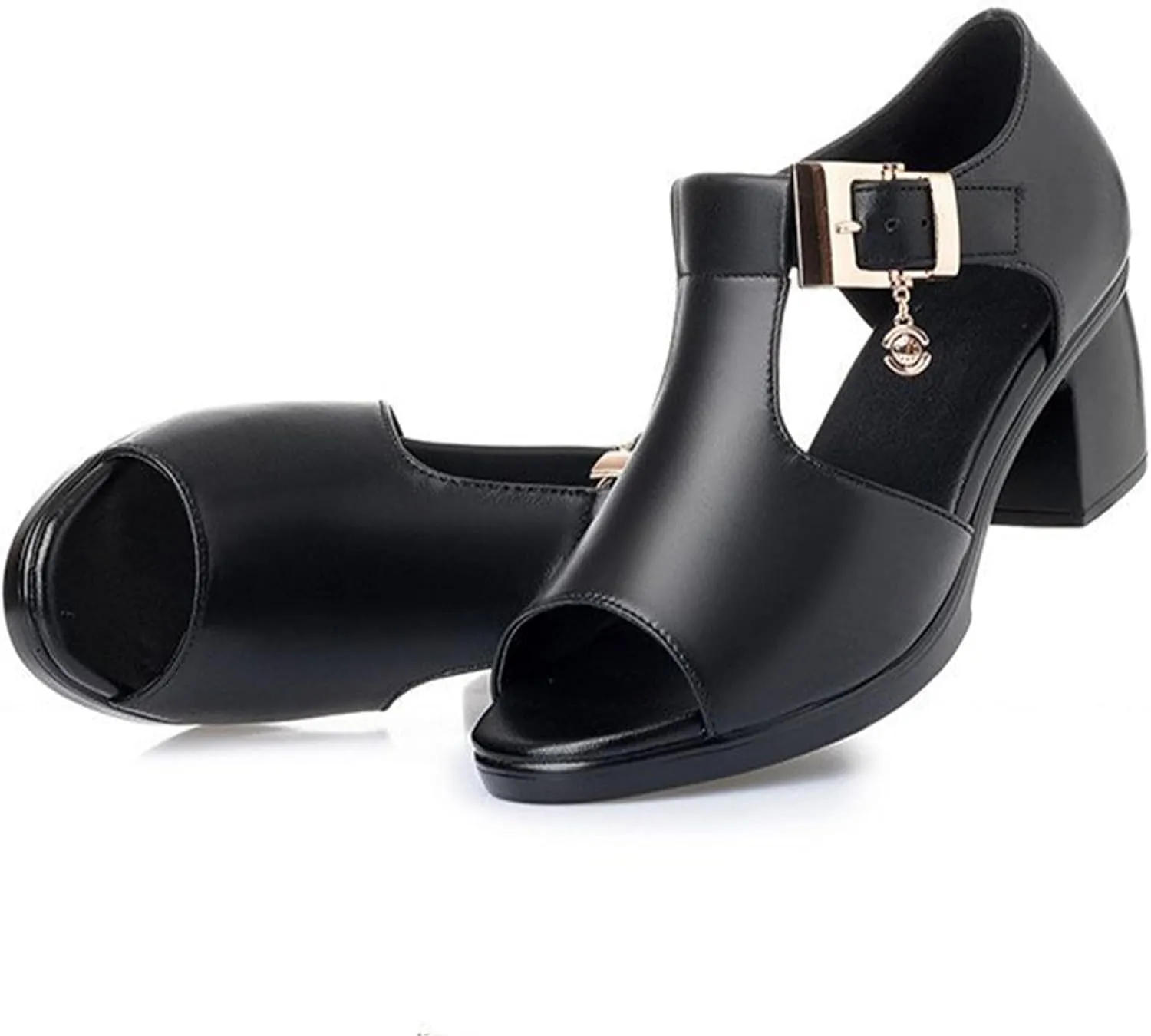 Women's Leather Chunky High Fish Mouth Sandals Fashion Adjustable Metal Buckle Side Hollow Sandals Comfortable Work Office Dress Shoes