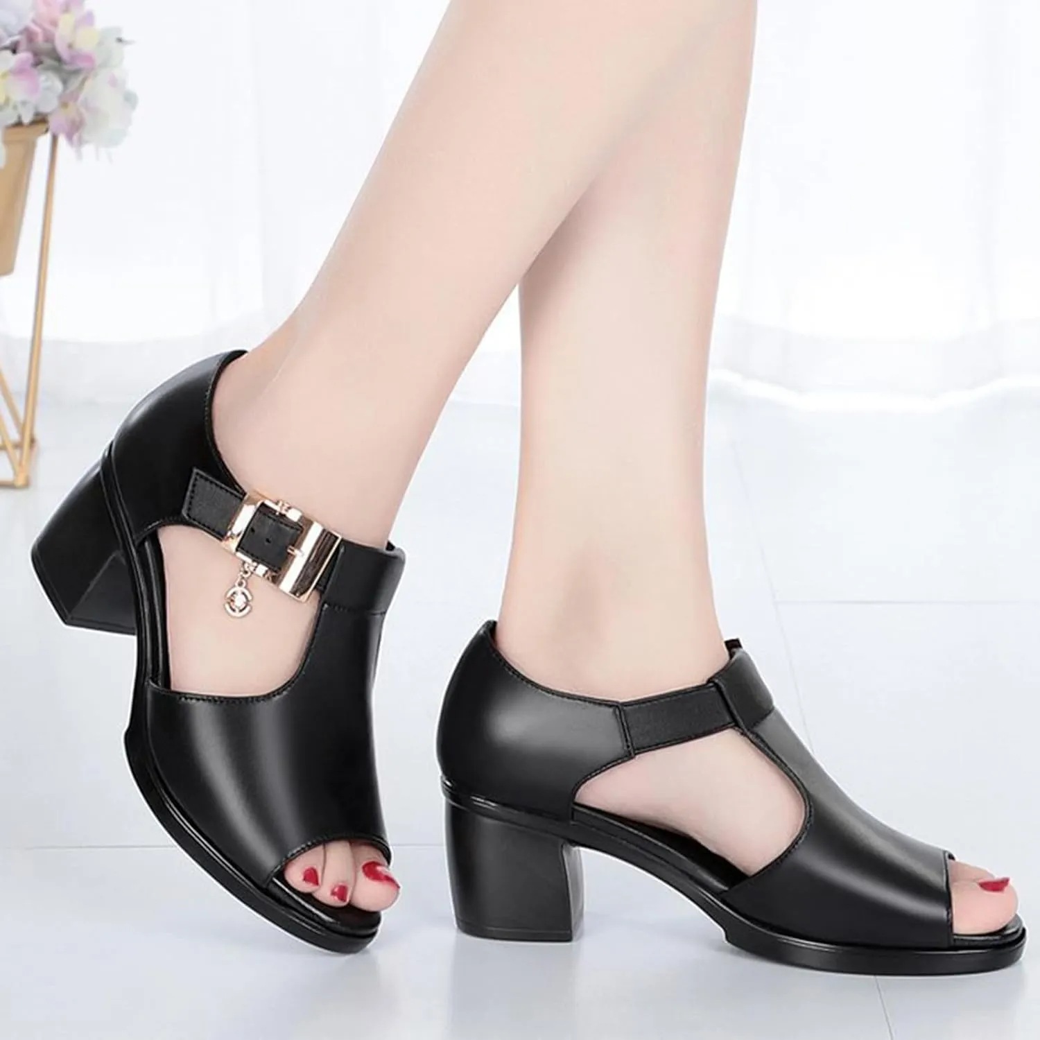 Women's Leather Chunky High Fish Mouth Sandals Fashion Adjustable Metal Buckle Side Hollow Sandals Comfortable Work Office Dress Shoes