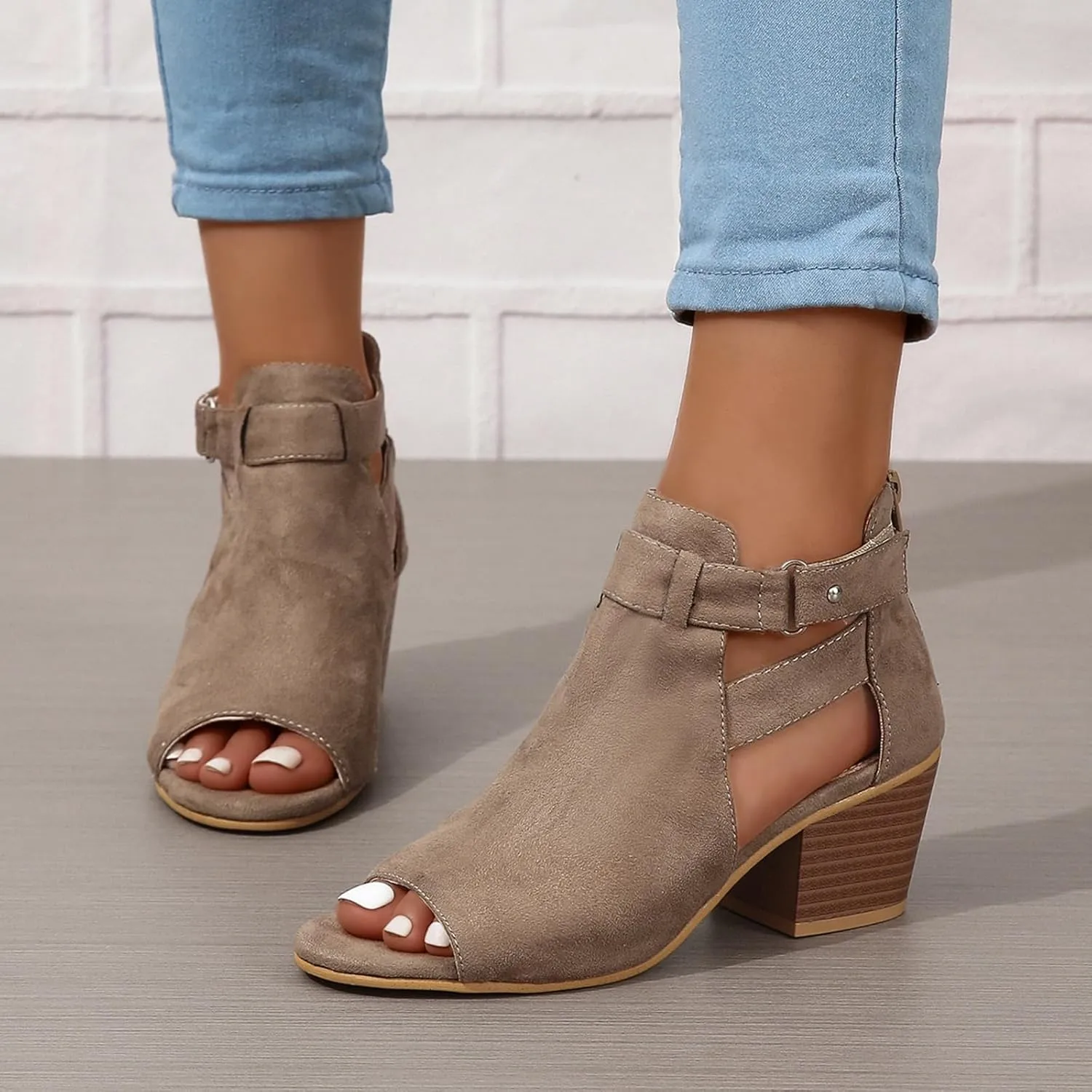 Womens Peep Toe Ankle Booties Vegan Suede Zipper Summer Chunky Dress Heeled Sandal