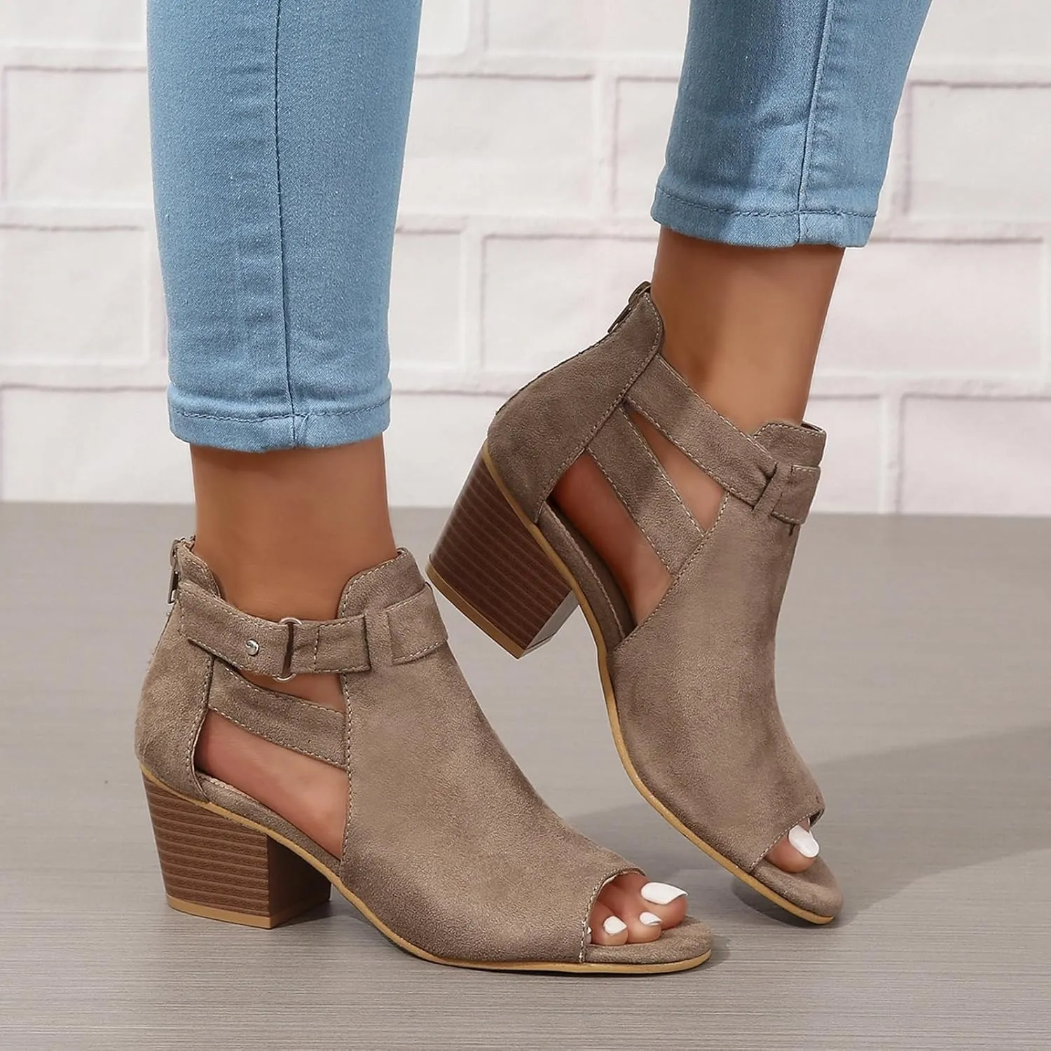 Womens Peep Toe Ankle Booties Vegan Suede Zipper Summer Chunky Dress Heeled Sandal