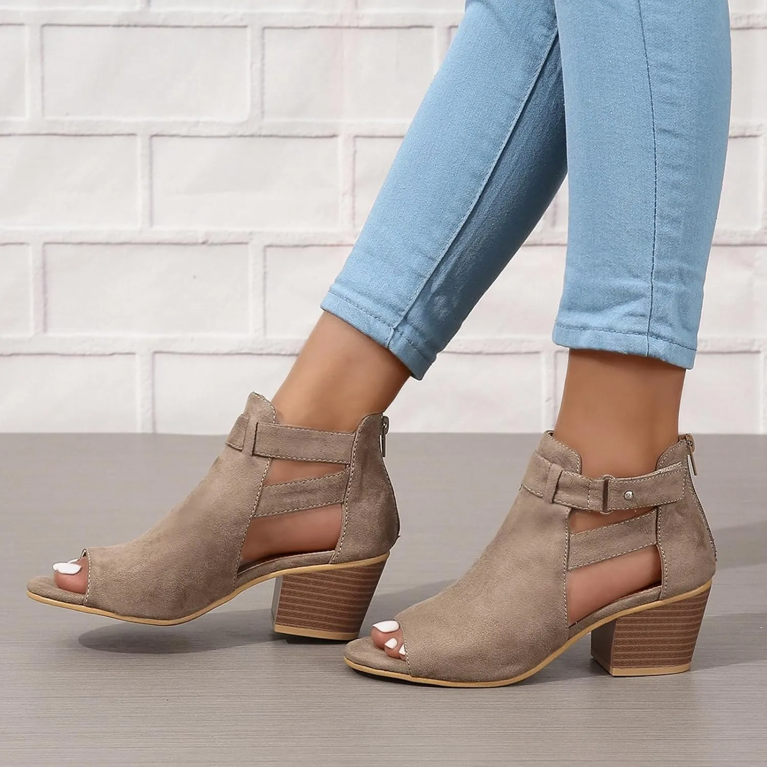 Womens Peep Toe Ankle Booties Vegan Suede Zipper Summer Chunky Dress Heeled Sandal