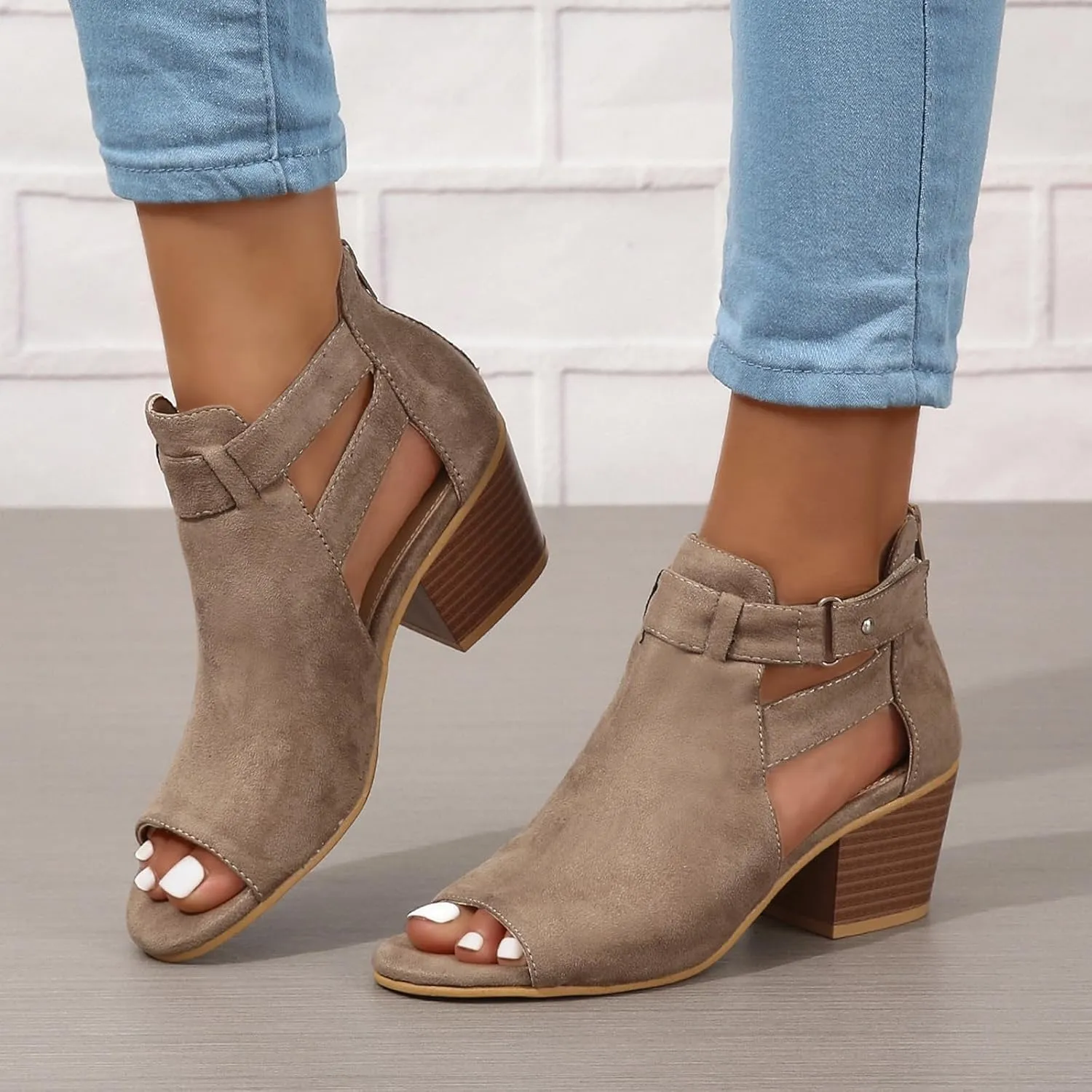 Womens Peep Toe Ankle Booties Vegan Suede Zipper Summer Chunky Dress Heeled Sandal
