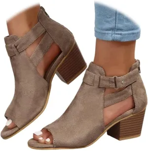 Womens Peep Toe Ankle Booties Vegan Suede Zipper Summer Chunky Dress Heeled Sandal