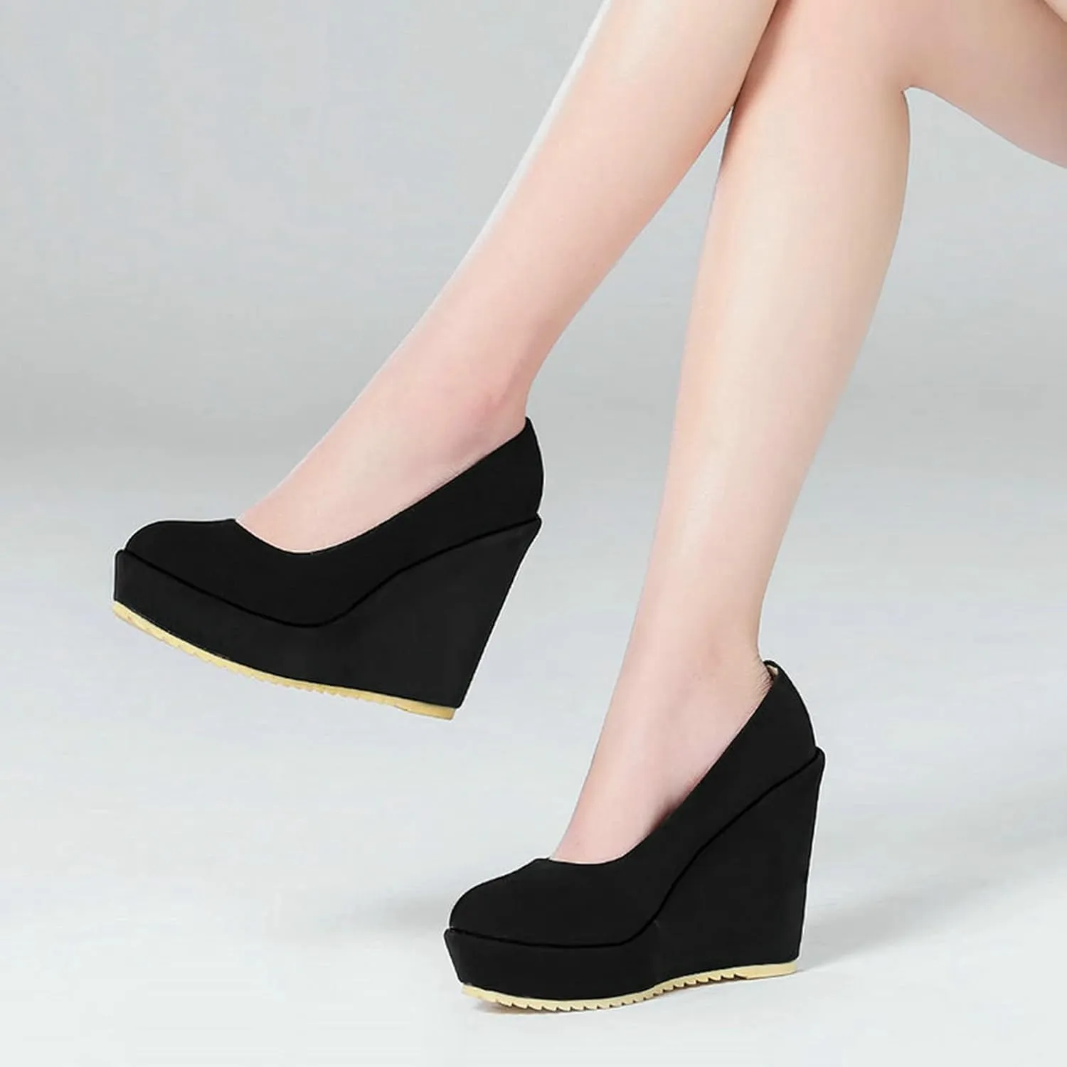Womens Platform Wedge High Heel Pumps Slip On Comfortable Casual Round Toe Office Work Dress Shoes