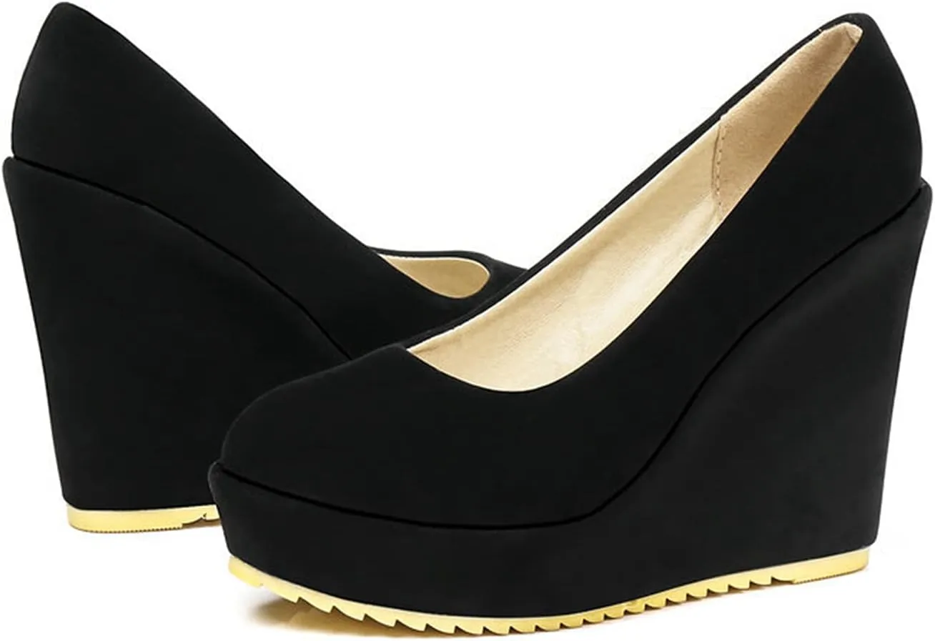 Womens Platform Wedge High Heel Pumps Slip On Comfortable Casual Round Toe Office Work Dress Shoes