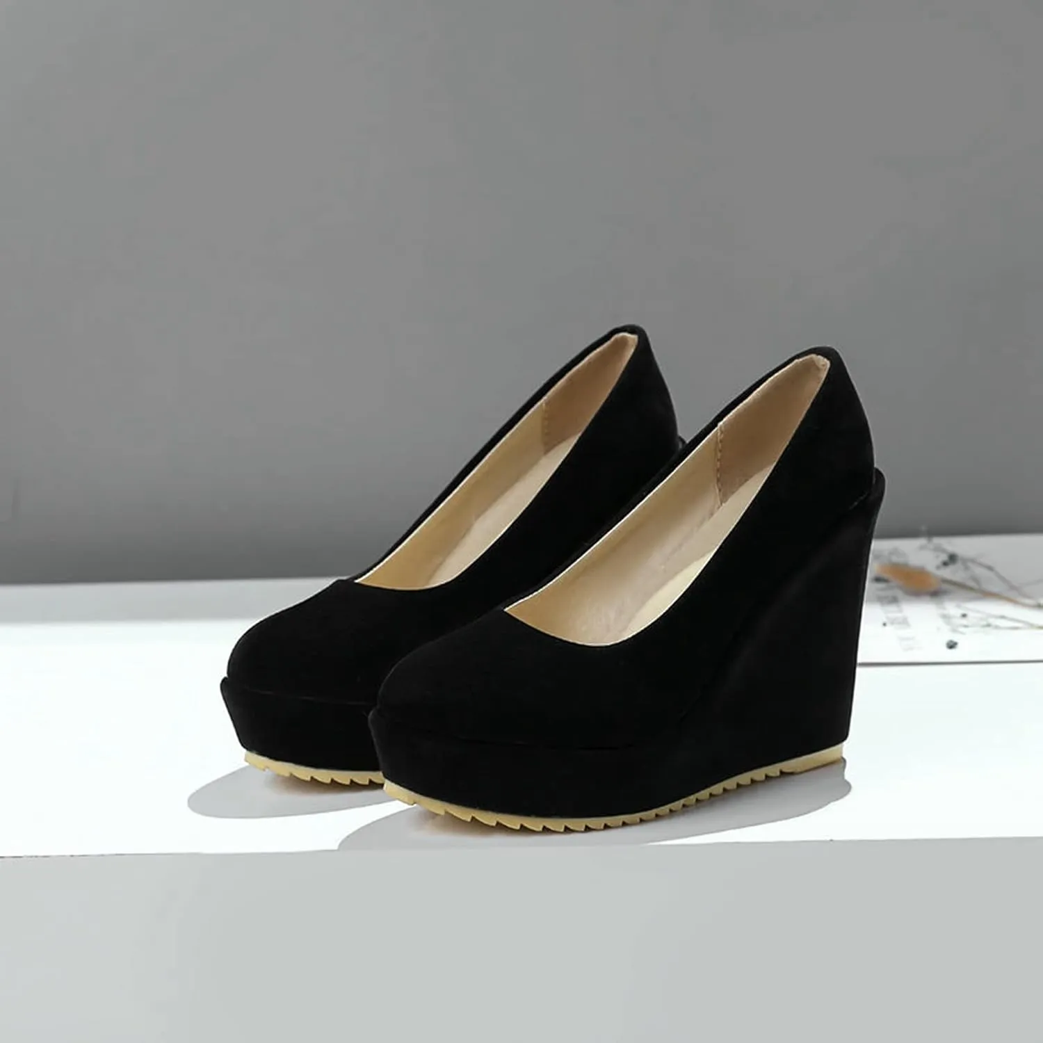 Womens Platform Wedge High Heel Pumps Slip On Comfortable Casual Round Toe Office Work Dress Shoes