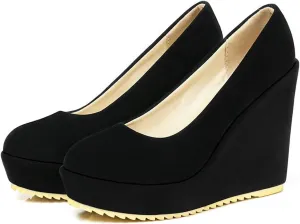 Womens Platform Wedge High Heel Pumps Slip On Comfortable Casual Round Toe Office Work Dress Shoes