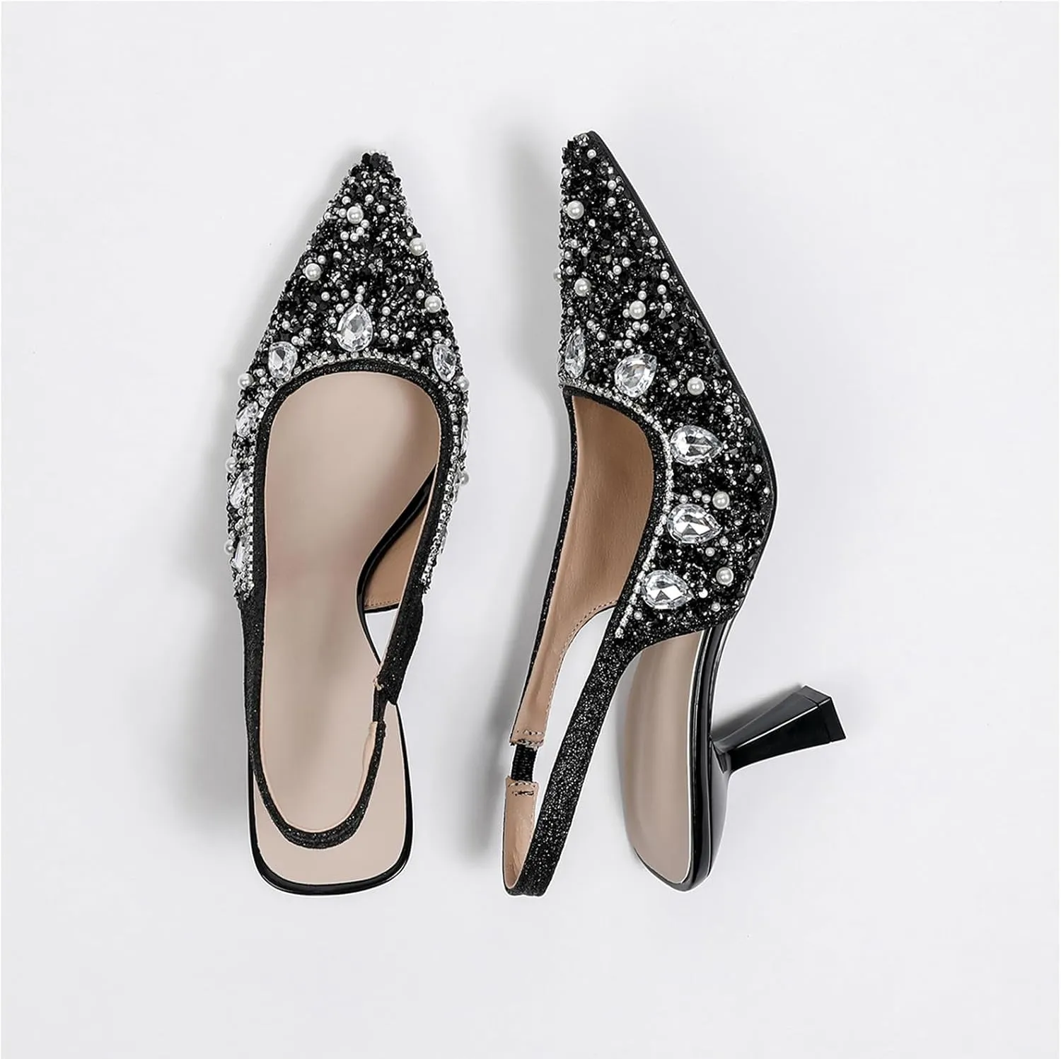 Women's Rhinestone Pointed Toe Kitten Heel Slingback Pumps Fashion Slip On Elastic Ankle Strap Low Stiletto Business Work Dress Backless Sandals Sexy Party Wedding Bridal Wedding Shoes