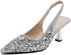 Women's Rhinestone Pointed Toe Kitten Heel Slingback Pumps Fashion Slip On Elastic Ankle Strap Low Stiletto Business Work Dress Backless Sandals Sexy Party Wedding Bridal Wedding Shoes