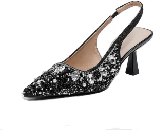 Women's Rhinestone Pointed Toe Kitten Heel Slingback Pumps Fashion Slip On Elastic Ankle Strap Low Stiletto Business Work Dress Backless Sandals Sexy Party Wedding Bridal Wedding Shoes