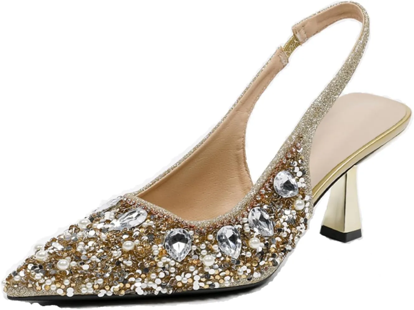 Women's Rhinestone Pointed Toe Kitten Heel Slingback Pumps Fashion Slip On Elastic Ankle Strap Low Stiletto Business Work Dress Backless Sandals Sexy Party Wedding Bridal Wedding Shoes
