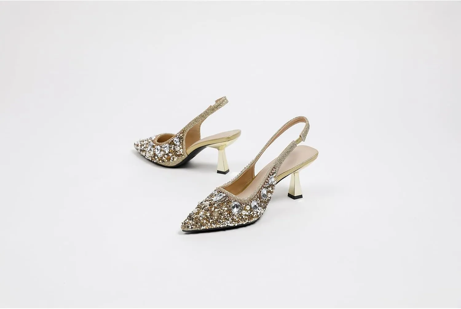 Women's Rhinestone Pointed Toe Kitten Heel Slingback Pumps Fashion Slip On Elastic Ankle Strap Low Stiletto Business Work Dress Backless Sandals Sexy Party Wedding Bridal Wedding Shoes