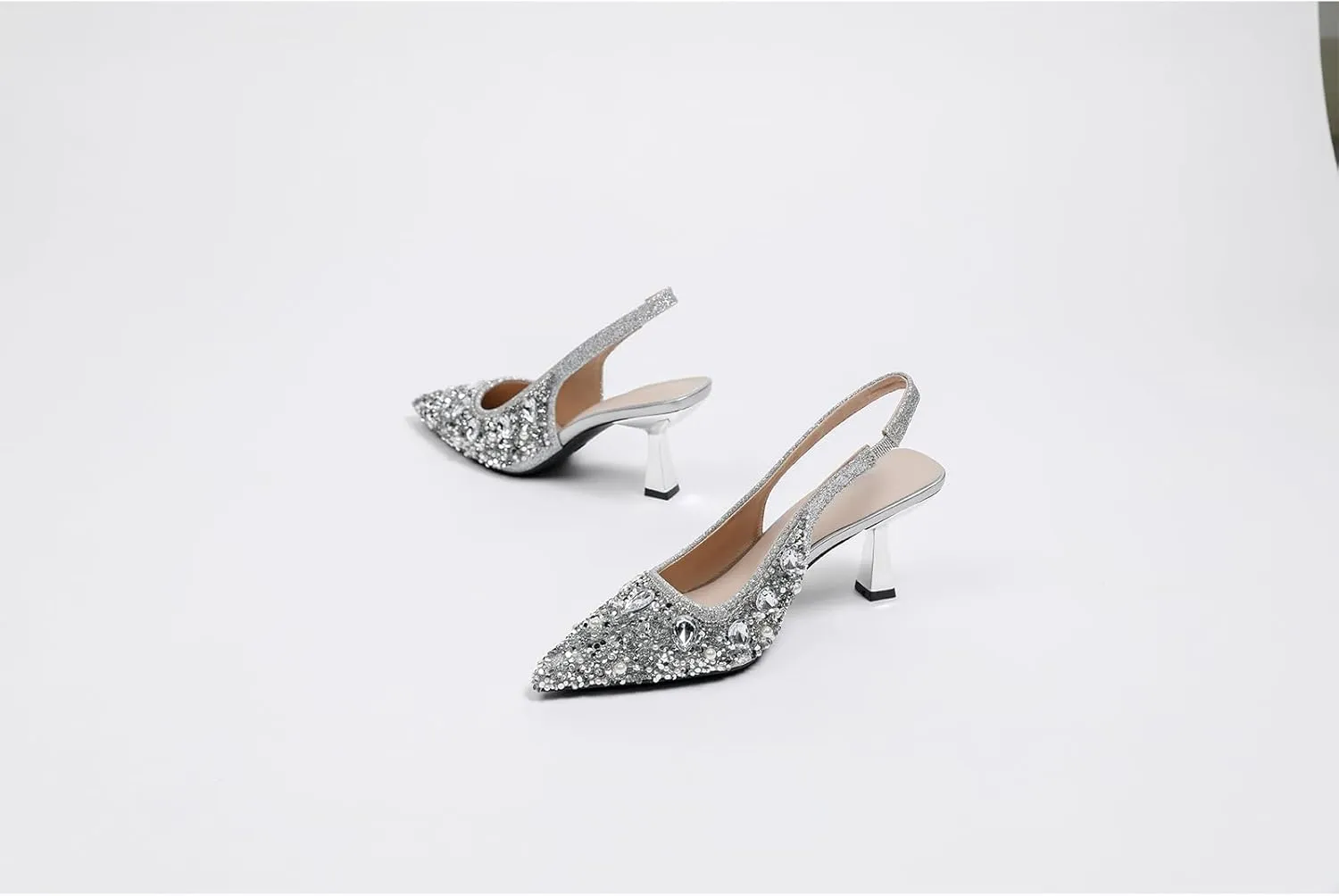 Women's Rhinestone Pointed Toe Kitten Heel Slingback Pumps Fashion Slip On Elastic Ankle Strap Low Stiletto Business Work Dress Backless Sandals Sexy Party Wedding Bridal Wedding Shoes