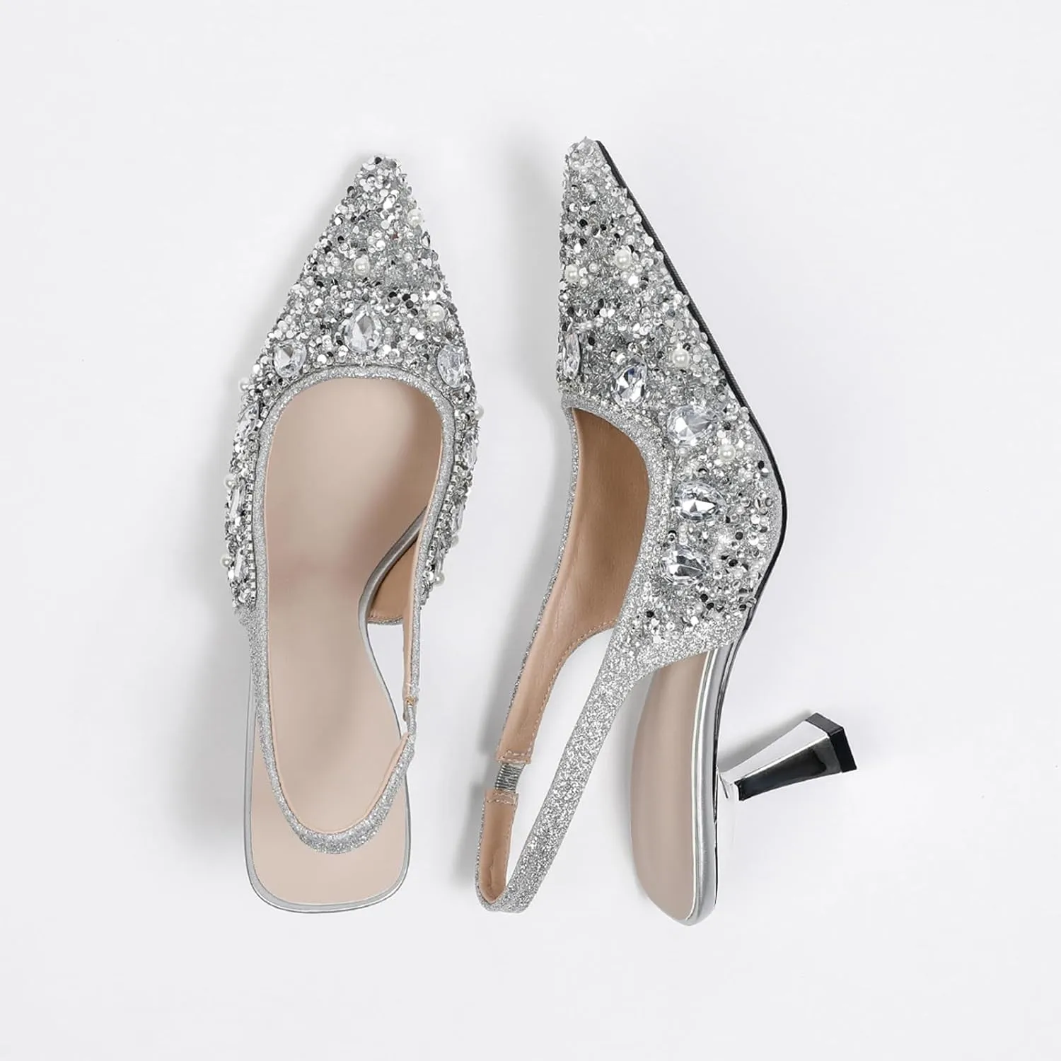 Women's Rhinestone Pointed Toe Kitten Heel Slingback Pumps Fashion Slip On Elastic Ankle Strap Low Stiletto Business Work Dress Backless Sandals Sexy Party Wedding Bridal Wedding Shoes