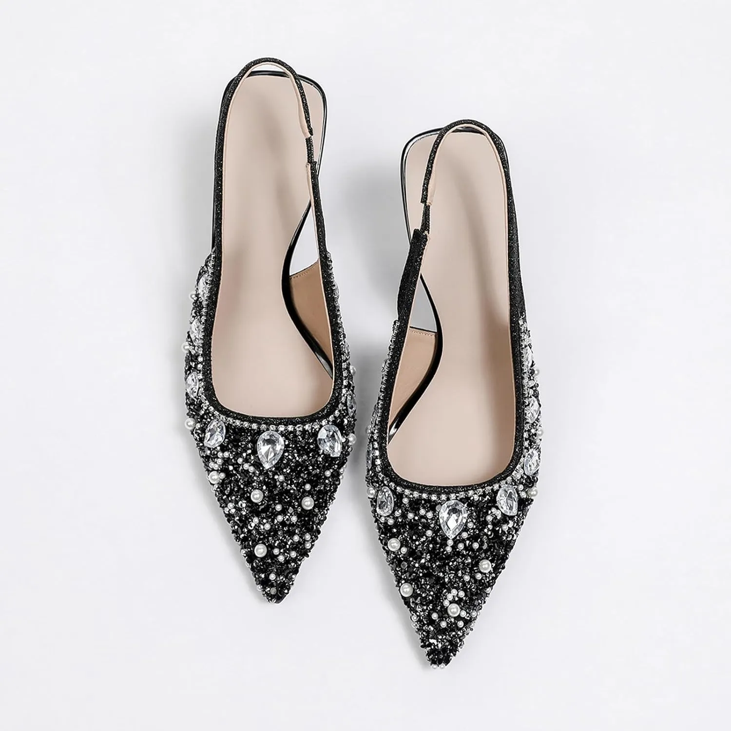 Women's Rhinestone Pointed Toe Kitten Heel Slingback Pumps Fashion Slip On Elastic Ankle Strap Low Stiletto Business Work Dress Backless Sandals Sexy Party Wedding Bridal Wedding Shoes
