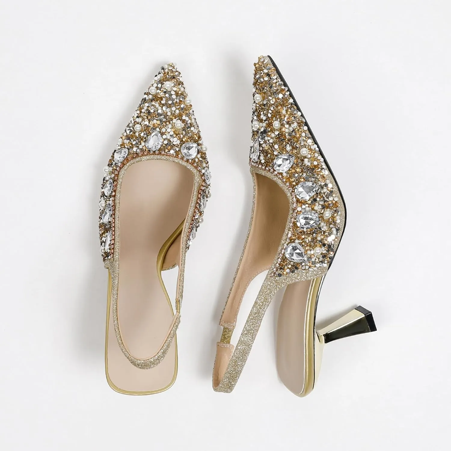 Women's Rhinestone Pointed Toe Kitten Heel Slingback Pumps Fashion Slip On Elastic Ankle Strap Low Stiletto Business Work Dress Backless Sandals Sexy Party Wedding Bridal Wedding Shoes