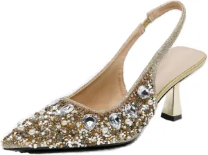 Women's Rhinestone Pointed Toe Kitten Heel Slingback Pumps Fashion Slip On Elastic Ankle Strap Low Stiletto Business Work Dress Backless Sandals Sexy Party Wedding Bridal Wedding Shoes